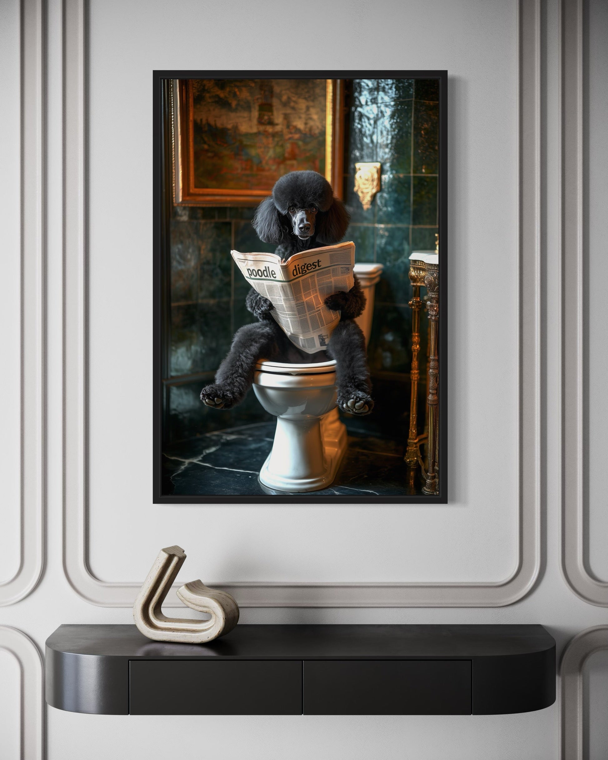 Black Medium Poodle On Toilet Reading Newspaper Picture Canvas Wall Art