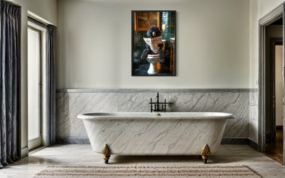 Black Medium Poodle On Toilet Reading Newspaper Picture Canvas Wall Art