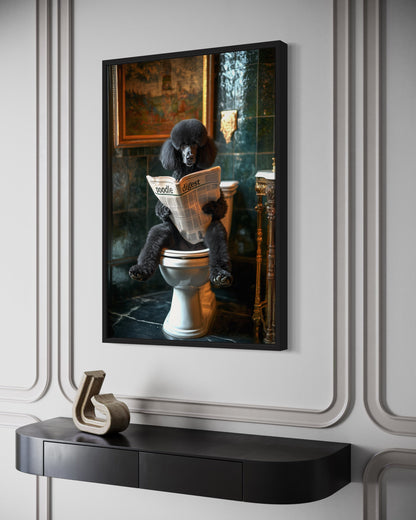 Black Medium Poodle On Toilet Reading Newspaper Picture Canvas Wall Art