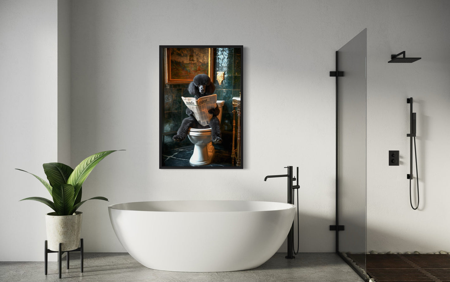 Black Medium Poodle On Toilet Reading Newspaper Picture Canvas Wall Art