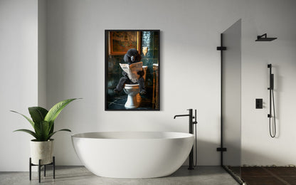 Black Medium Poodle On Toilet Reading Newspaper Picture Canvas Wall Art