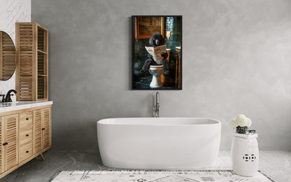 Black Medium Poodle On Toilet Reading Newspaper Picture Canvas Wall Art