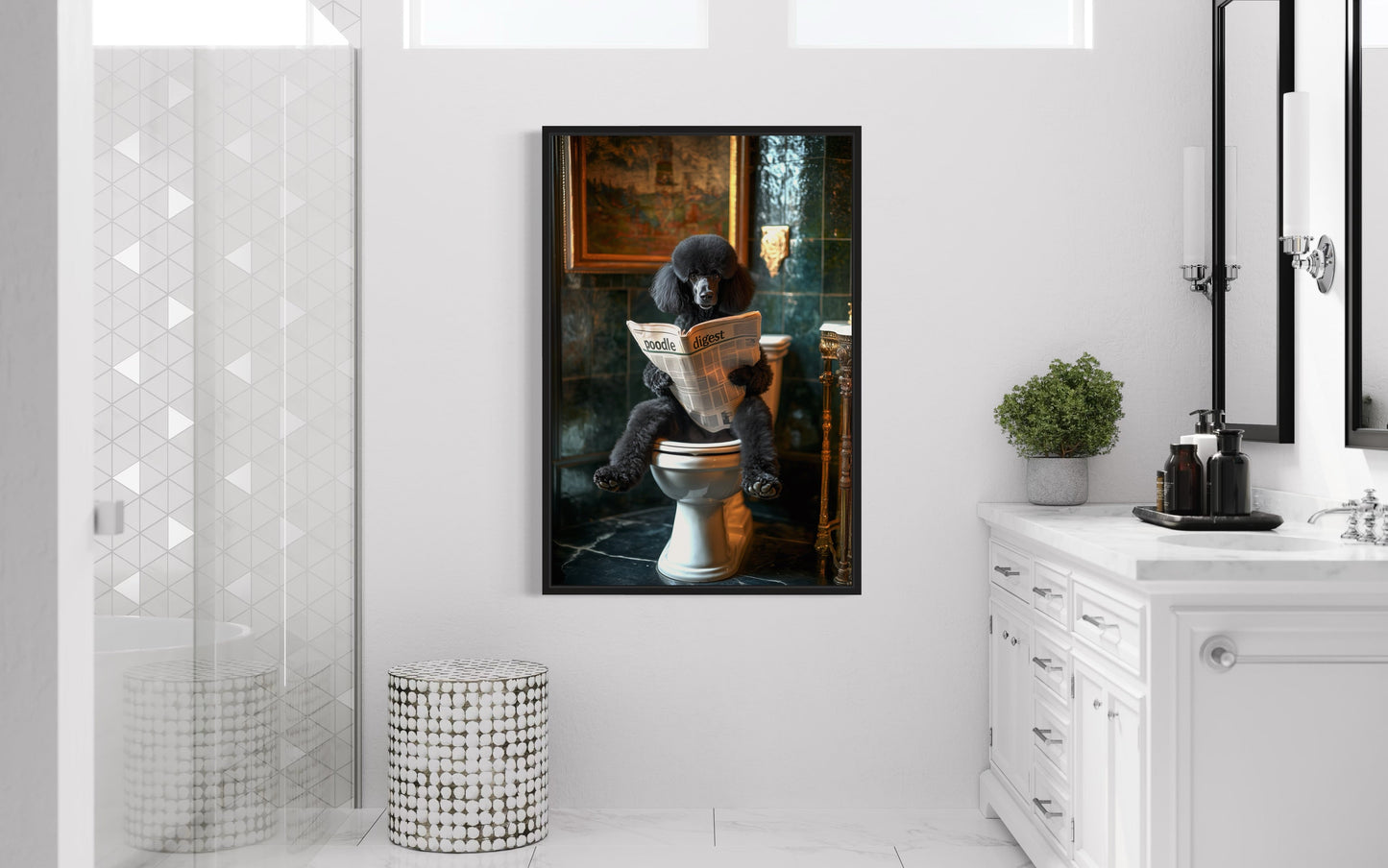 Black Medium Poodle On Toilet Reading Newspaper Picture Canvas Wall Art