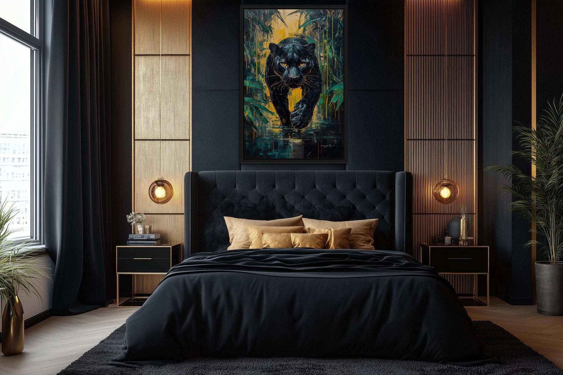 Black Panther In Jungle Framed Canvas Wall Art