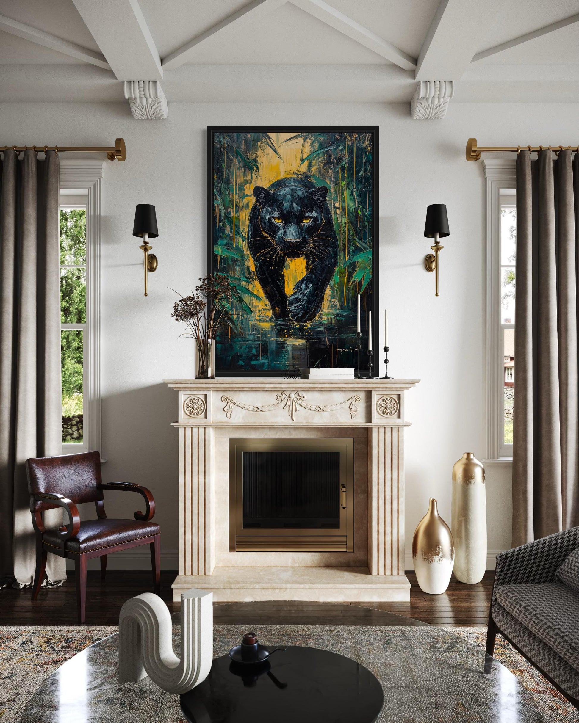 Black Panther In Jungle Framed Canvas Wall Art
