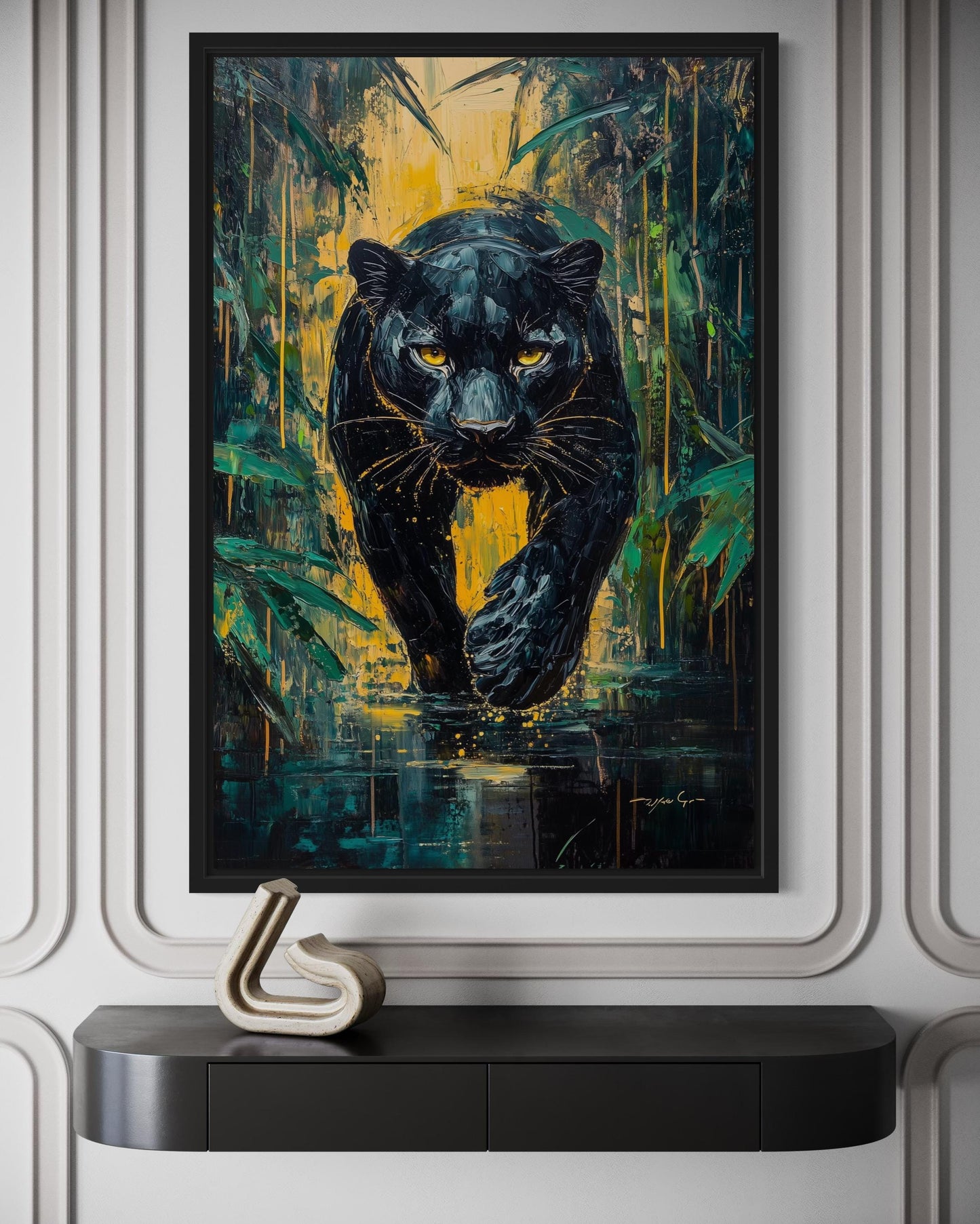 Black Panther In Jungle Framed Canvas Wall Art