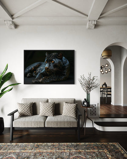 Black Panther On Black Background Framed Canvas Wall Art