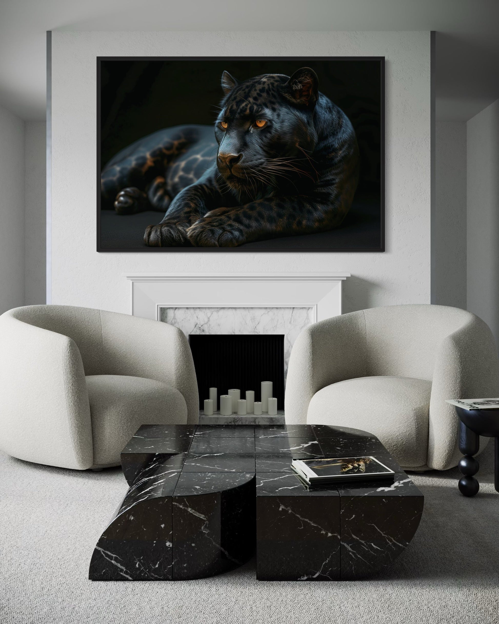 Black Panther On Black Background Framed Canvas Wall Art