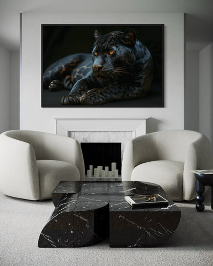 Black Panther On Black Background Framed Canvas Wall Art