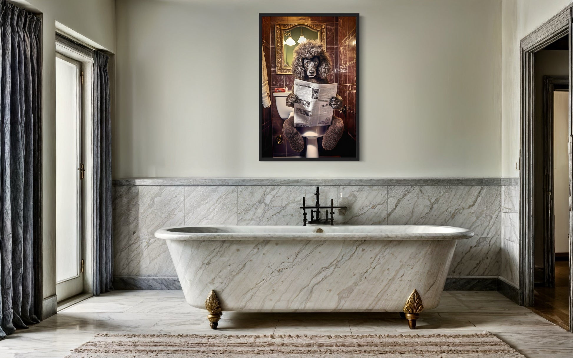 Black Poodle Dog On The Toilet Reading Newspaper Picture Canvas Wall Art