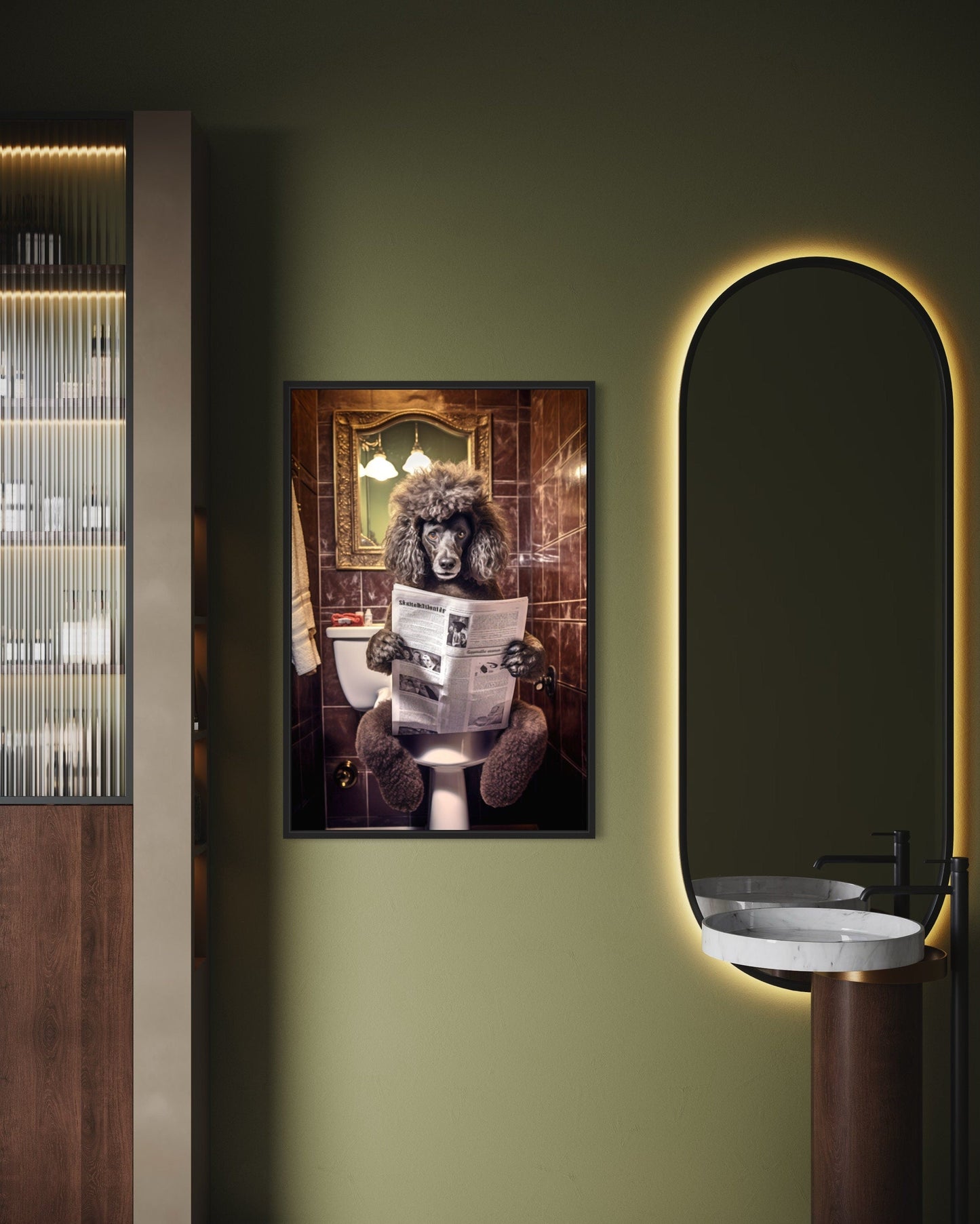 Black Poodle Dog On The Toilet Reading Newspaper Picture Canvas Wall Art