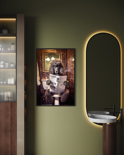 Black Poodle Dog On The Toilet Reading Newspaper Picture Canvas Wall Art