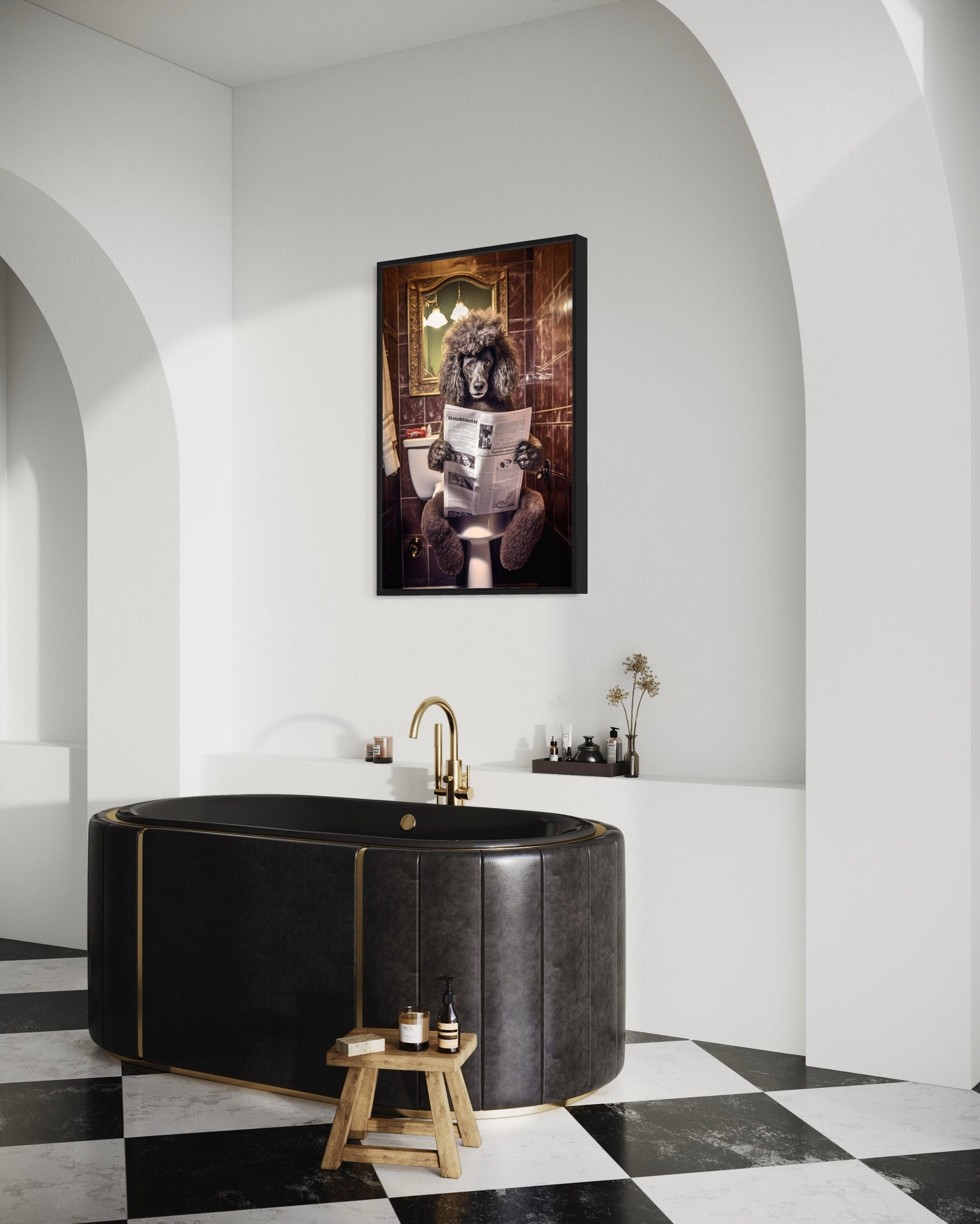 Black Poodle Dog On The Toilet Reading Newspaper Picture Canvas Wall Art