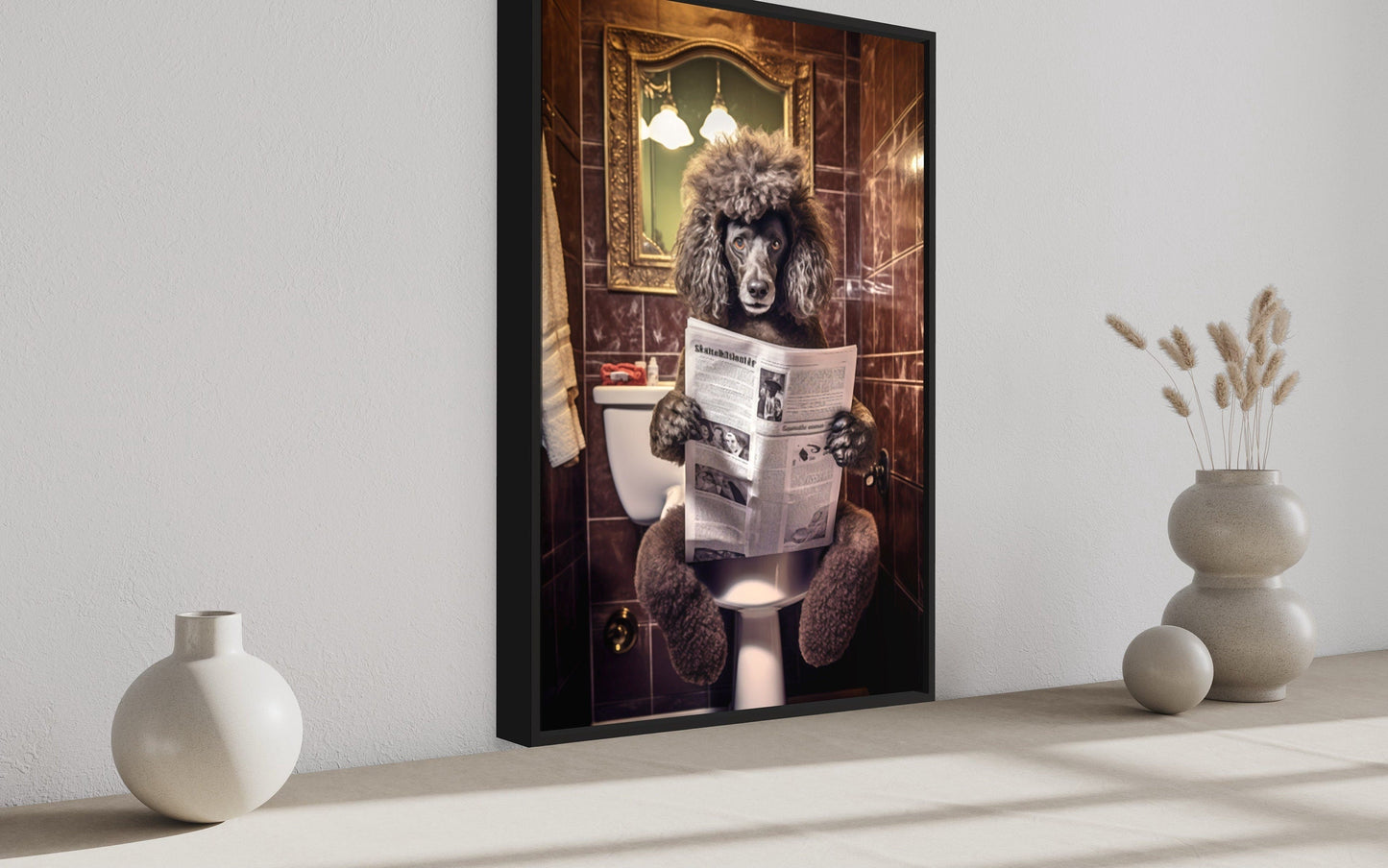 Black Poodle Dog On The Toilet Reading Newspaper Picture Canvas Wall Art