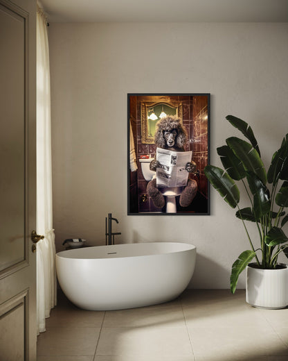 Black Poodle Dog On The Toilet Reading Newspaper Picture Canvas Wall Art