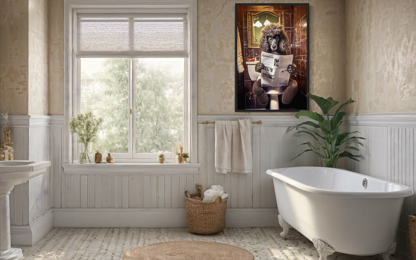 Black Poodle Dog On The Toilet Reading Newspaper Picture Canvas Wall Art