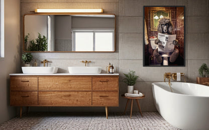 Black Poodle Dog On The Toilet Reading Newspaper Picture Canvas Wall Art
