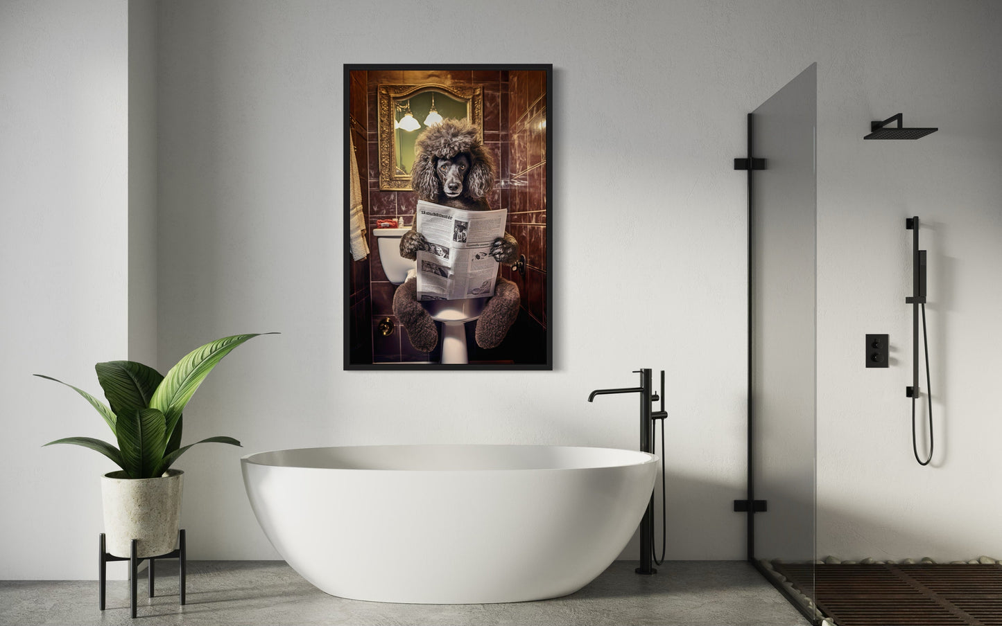 Black Poodle Dog On The Toilet Reading Newspaper Picture Canvas Wall Art