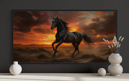 Black Stallion at Sunset Framed Canvas Wall Art