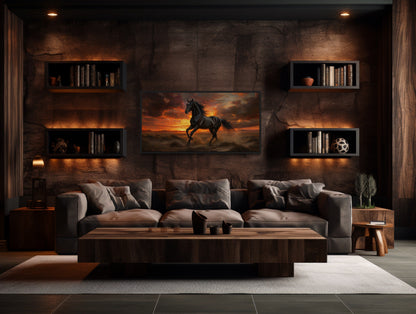 Black Stallion at Sunset Framed Canvas Wall Art