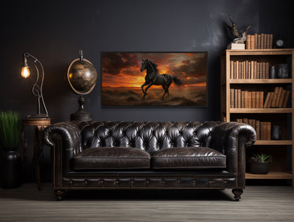 Black Stallion at Sunset Framed Canvas Wall Art