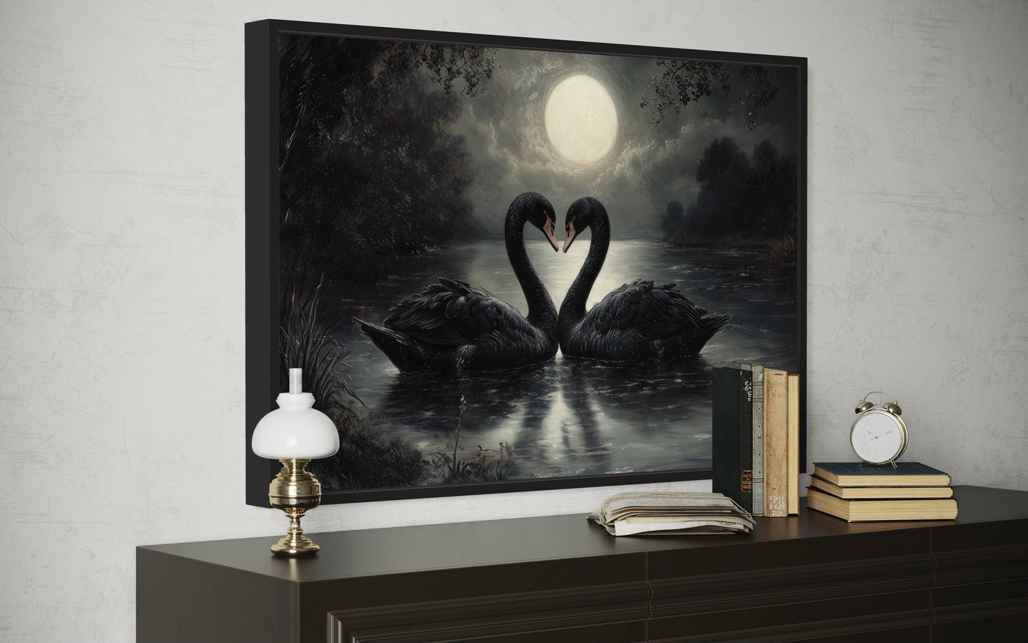 Black Swans In The Lake Moody Antique Framed Canvas Wall Art