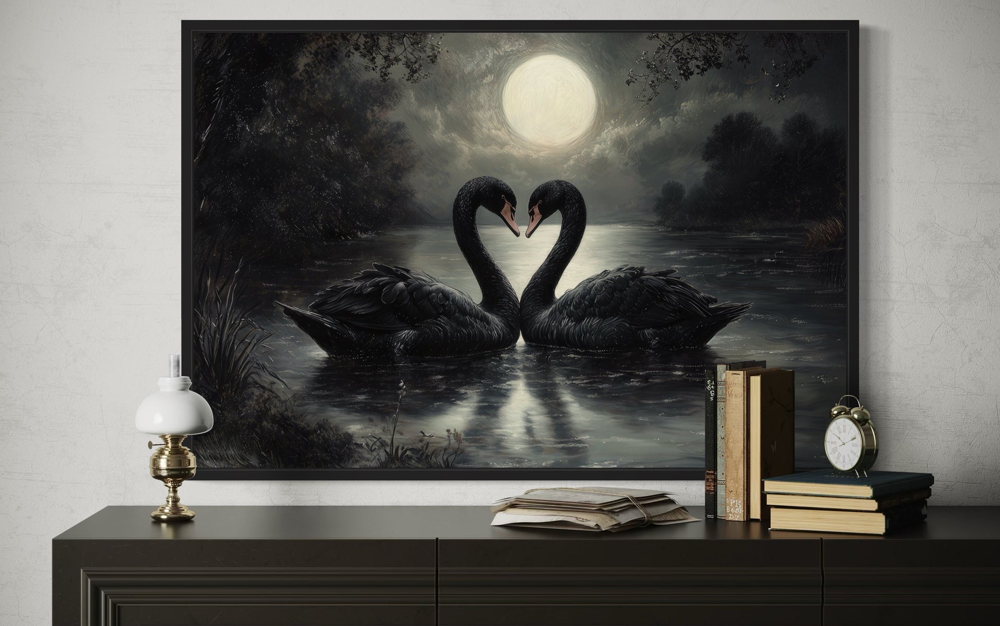 Black Swans In The Lake Moody Antique Framed Canvas Wall Art