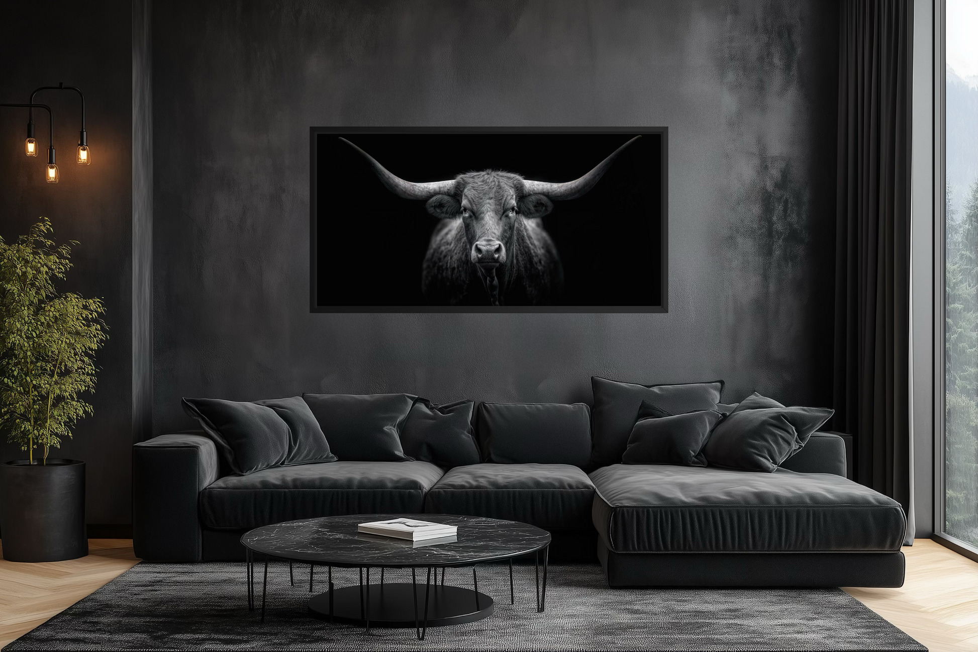 Black Texas Longhorn Cow Extra Large Canvas Wall Art