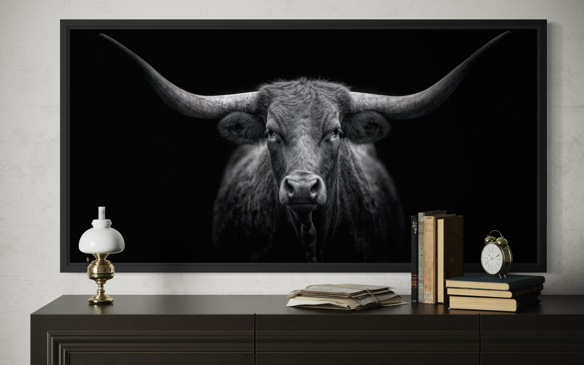 Black Texas Longhorn Cow Extra Large Canvas Wall Art