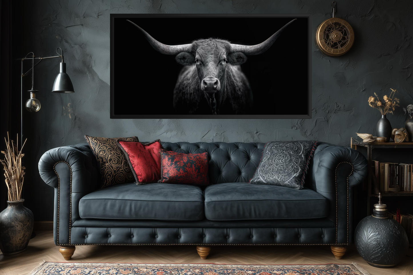 Black Texas Longhorn Cow Extra Large Canvas Wall Art
