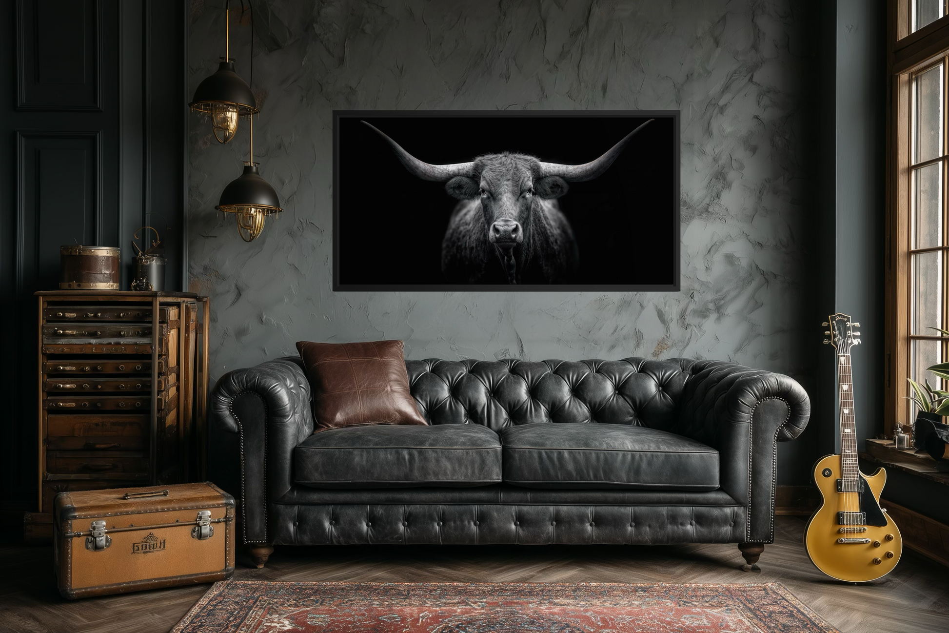 Black Texas Longhorn Cow Extra Large Canvas Wall Art