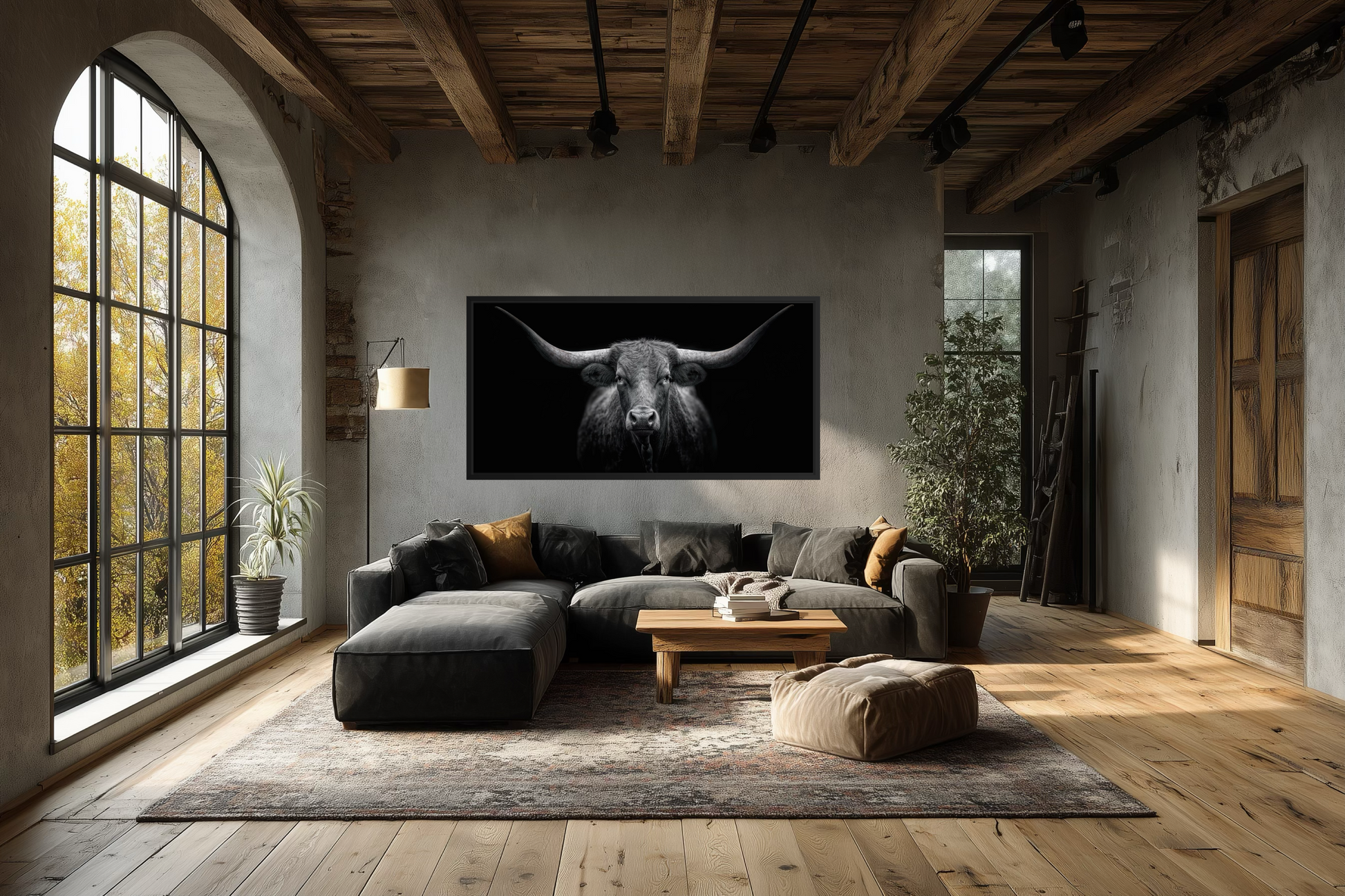 Black Texas Longhorn Cow Extra Large Canvas Wall Art