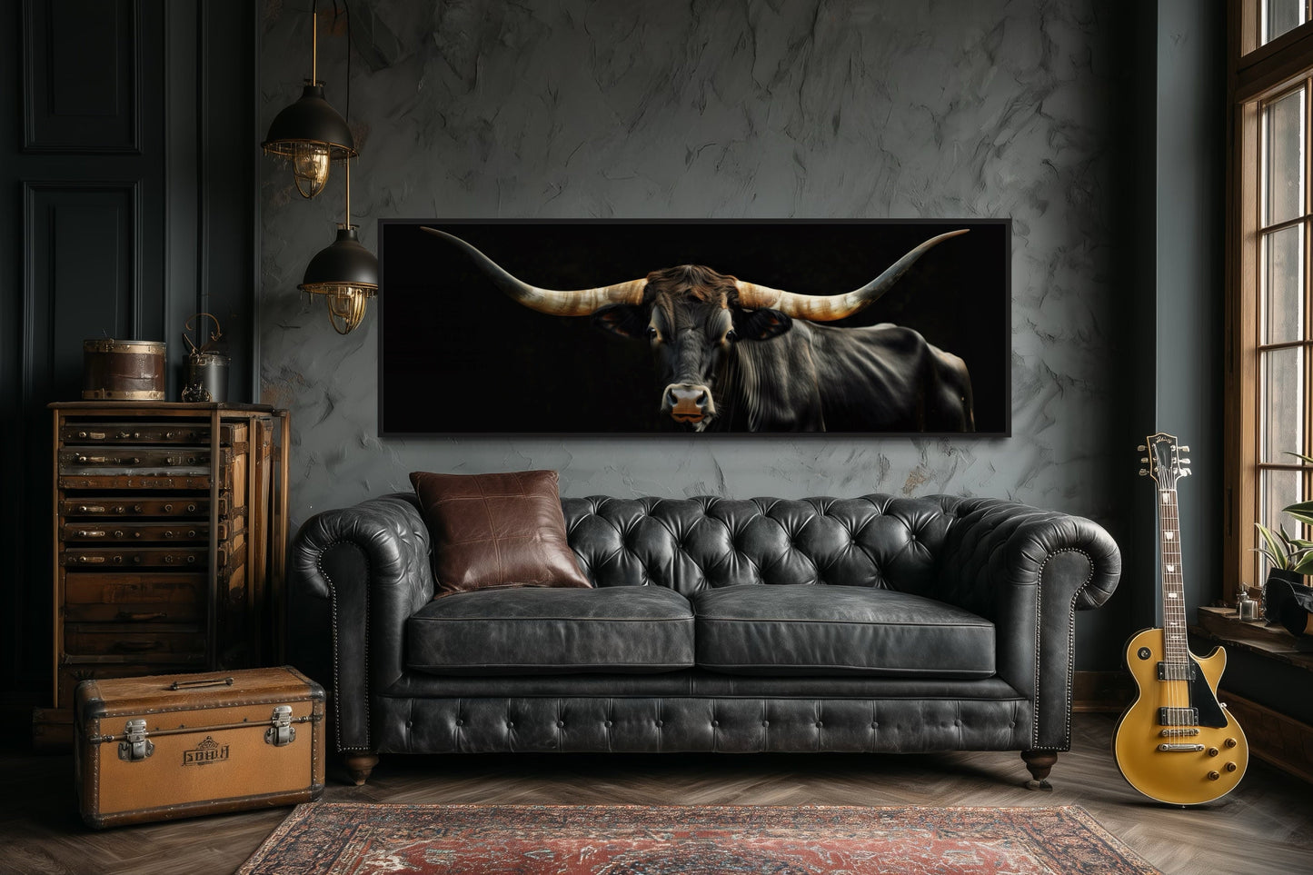 Black Texas Longhorn Cow Long Horizontal Framed Canvas Wall Art