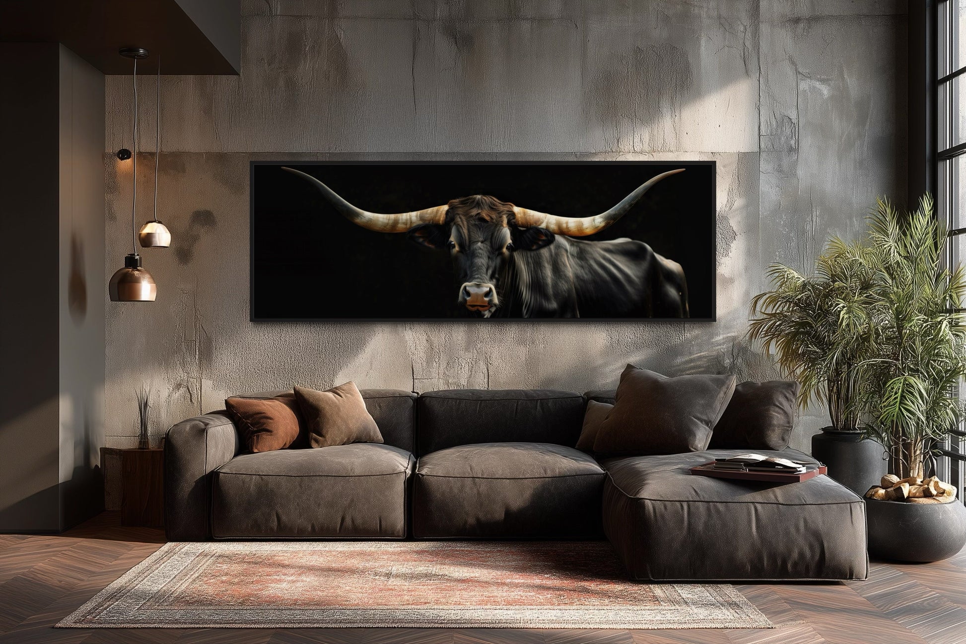 Black Texas Longhorn Cow Long Horizontal Framed Canvas Wall Art