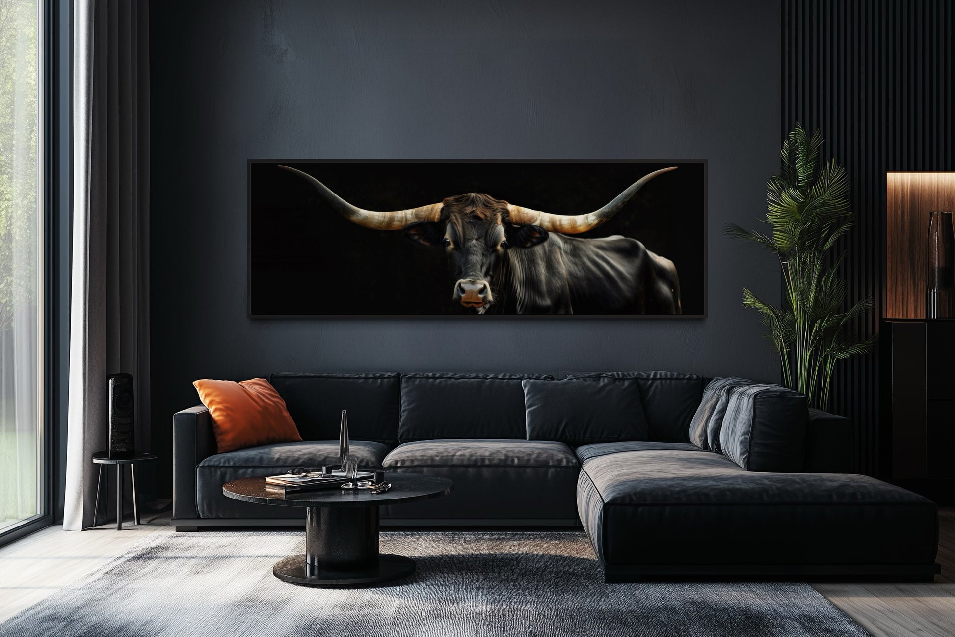 Black Texas Longhorn Cow Long Horizontal Framed Canvas Wall Art