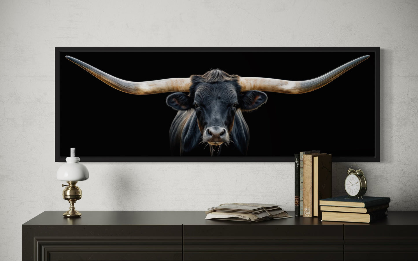Black Texas Longhorn Steer Panoramic Above Couch Framed Canvas Wall Art