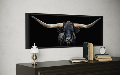 Black Texas Longhorn Steer Panoramic Above Couch Framed Canvas Wall Art