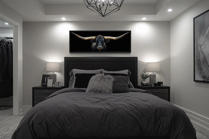 Black Texas Longhorn Steer Panoramic Above Couch Framed Canvas Wall Art