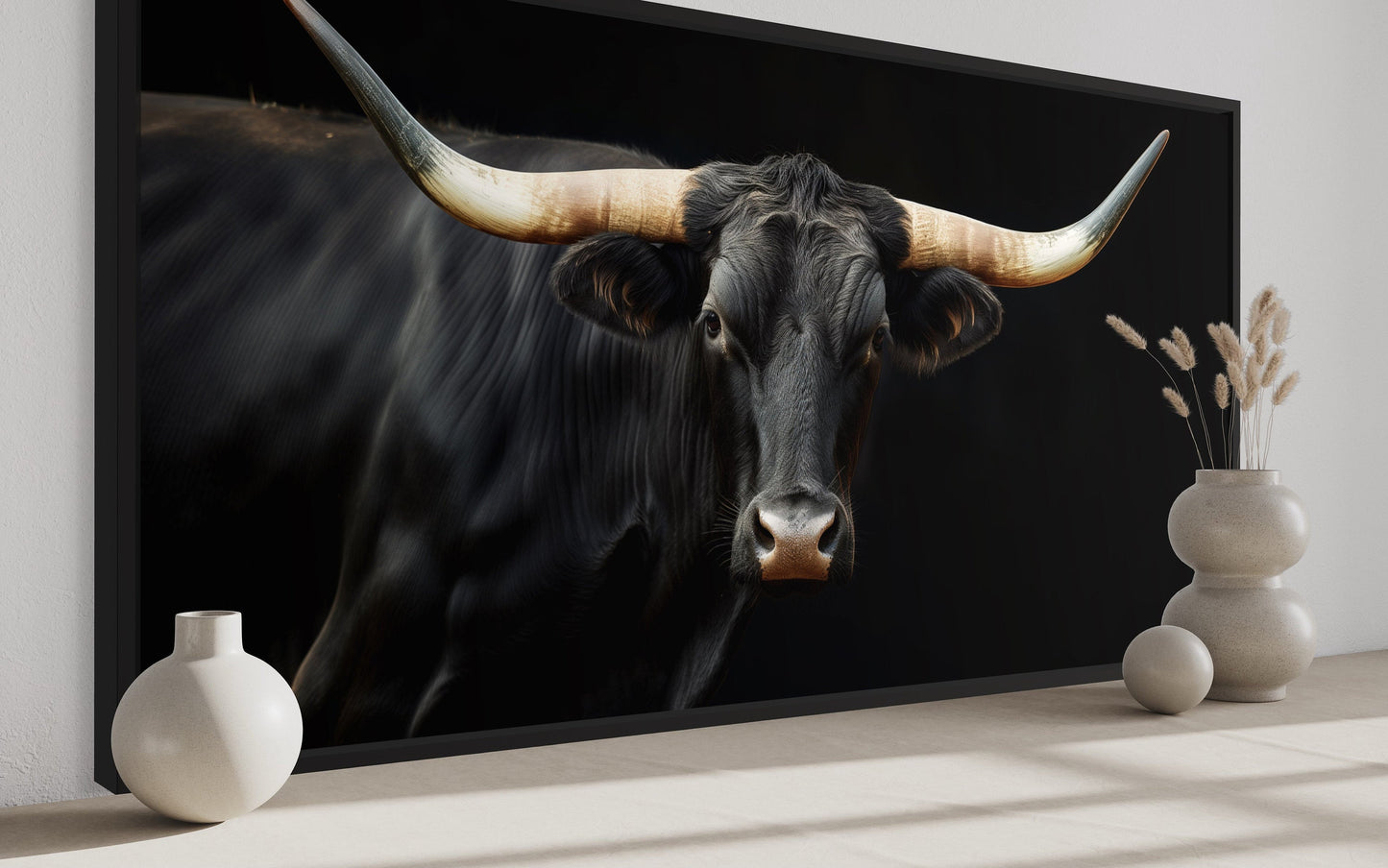 Black Texas Longhorn Wall Art - Extra Large Framed Canvas Print | Rustic Western Decor