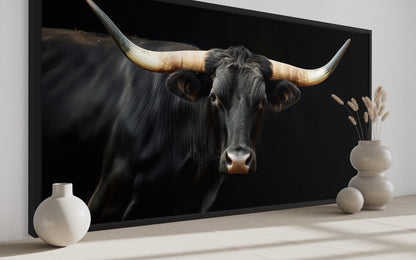 Black Texas Longhorn Wall Art - Extra Large Framed Canvas Print | Rustic Western Decor
