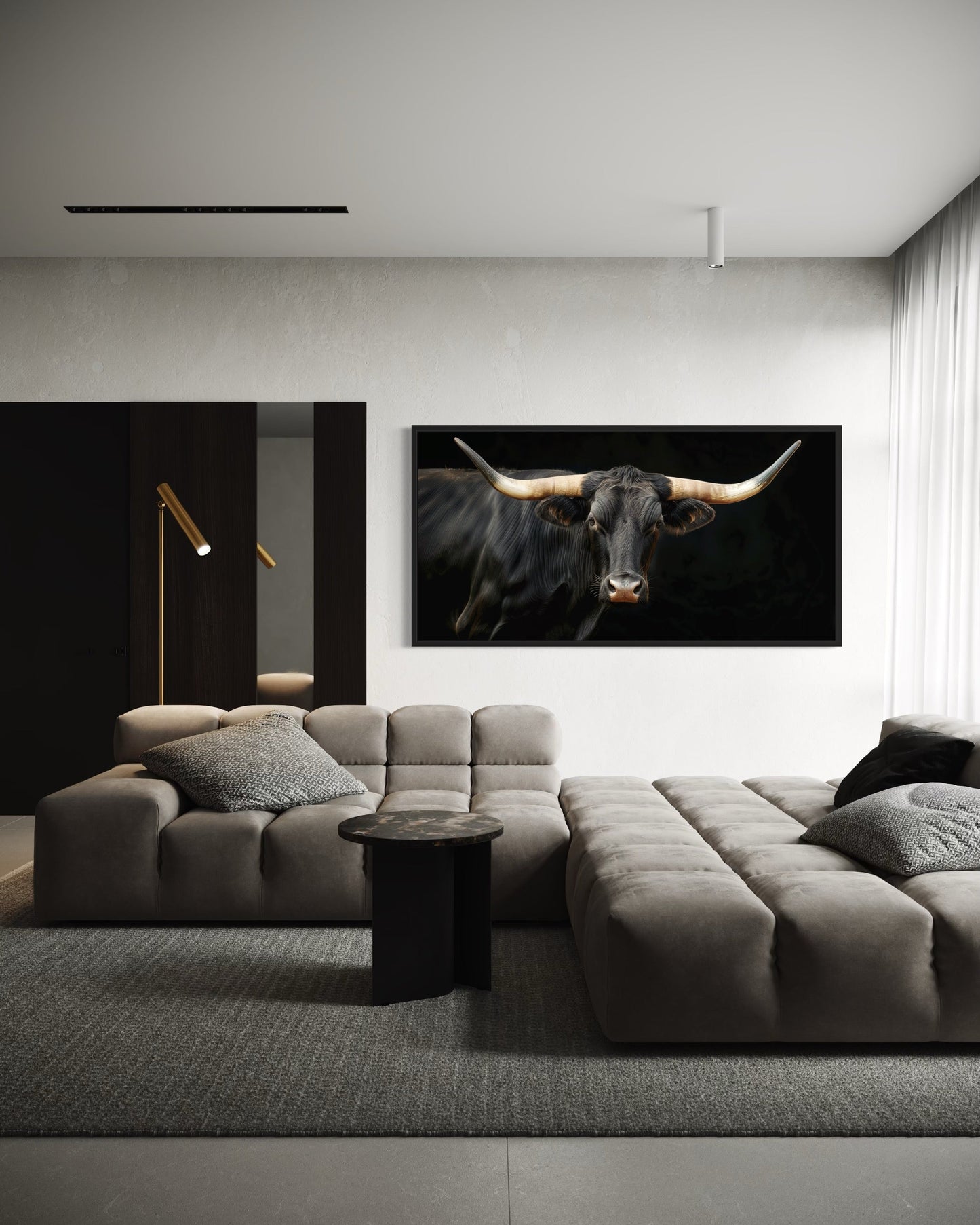 Black Texas Longhorn Wall Art - Extra Large Framed Canvas Print | Rustic Western Decor