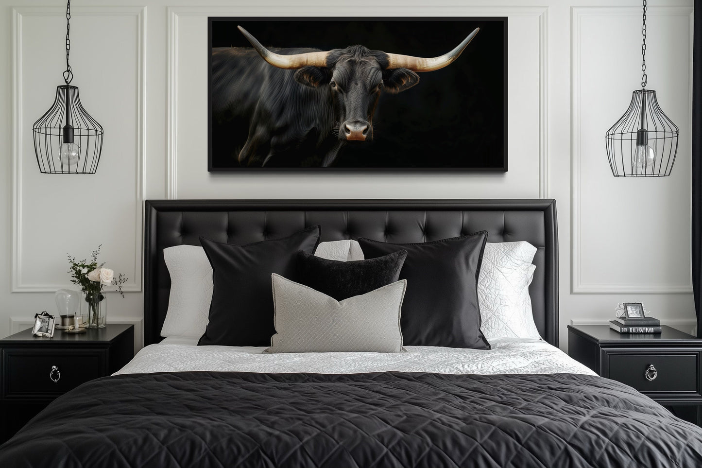 Black Texas Longhorn Wall Art - Extra Large Framed Canvas Print | Rustic Western Decor