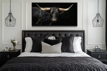 Black Texas Longhorn Wall Art - Extra Large Framed Canvas Print | Rustic Western Decor