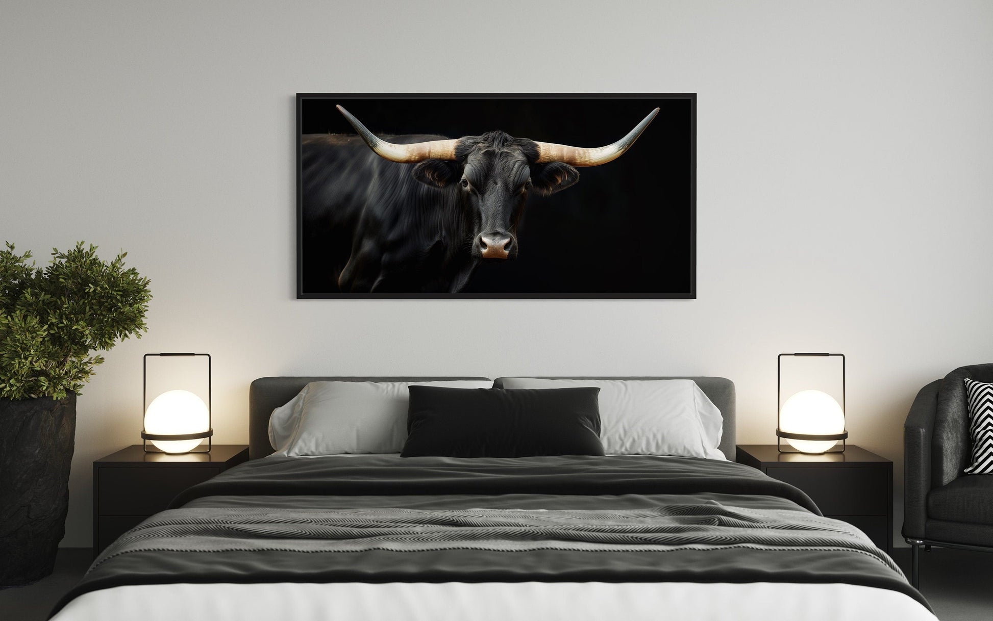 Black Texas Longhorn Wall Art - Extra Large Framed Canvas Print | Rustic Western Decor