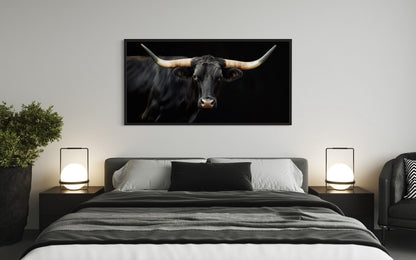 Black Texas Longhorn Wall Art - Extra Large Framed Canvas Print | Rustic Western Decor