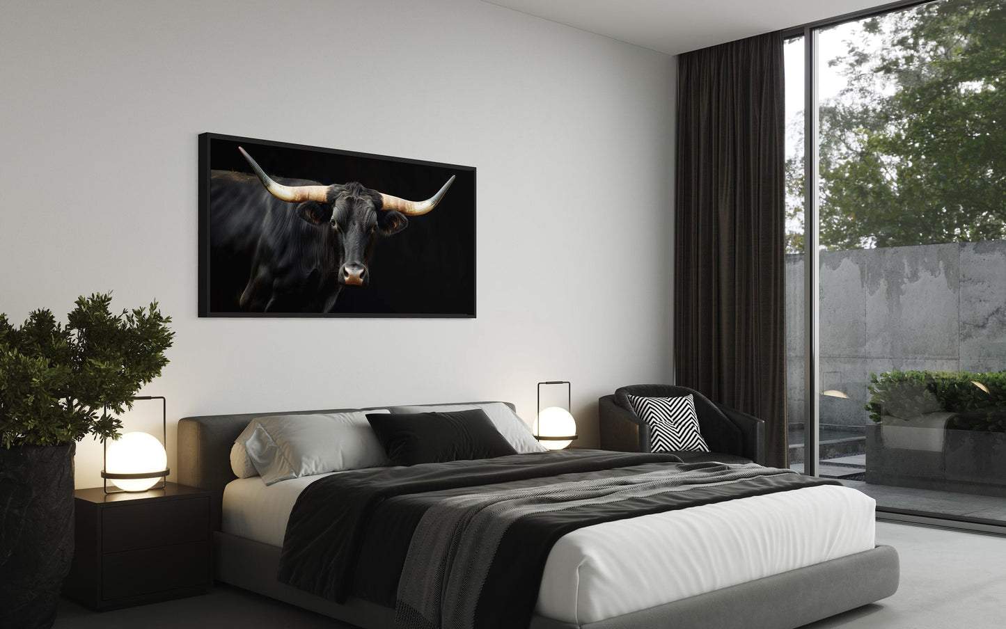 Black Texas Longhorn Wall Art - Extra Large Framed Canvas Print | Rustic Western Decor
