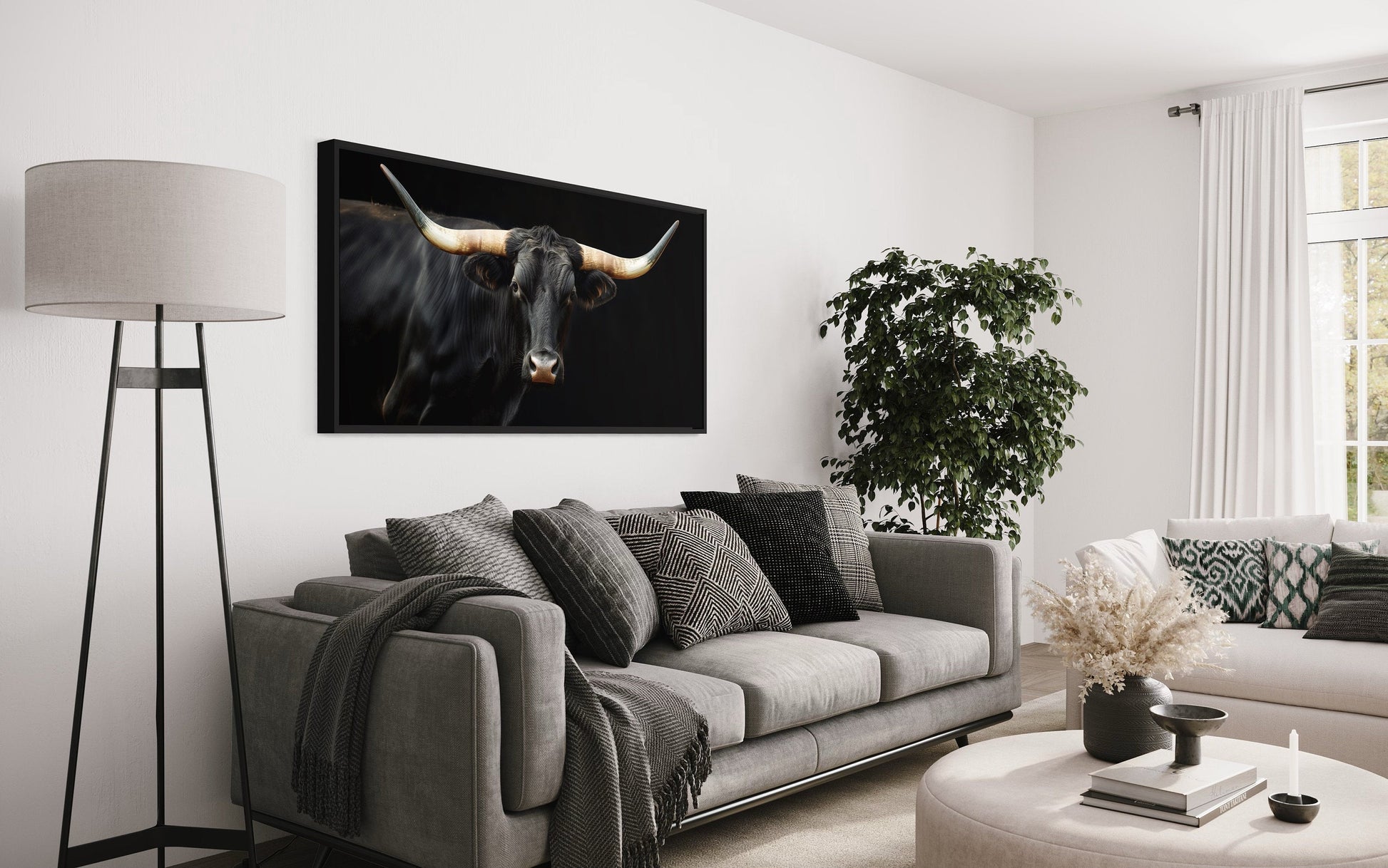 Black Texas Longhorn Wall Art - Extra Large Framed Canvas Print | Rustic Western Decor