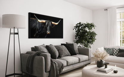 Black Texas Longhorn Wall Art - Extra Large Framed Canvas Print | Rustic Western Decor