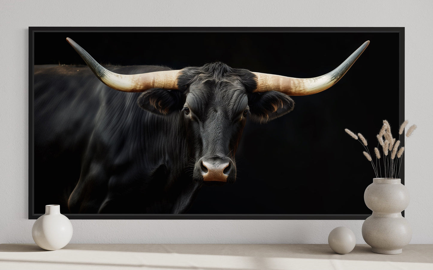 Black Texas Longhorn Wall Art - Extra Large Framed Canvas Print | Rustic Western Decor