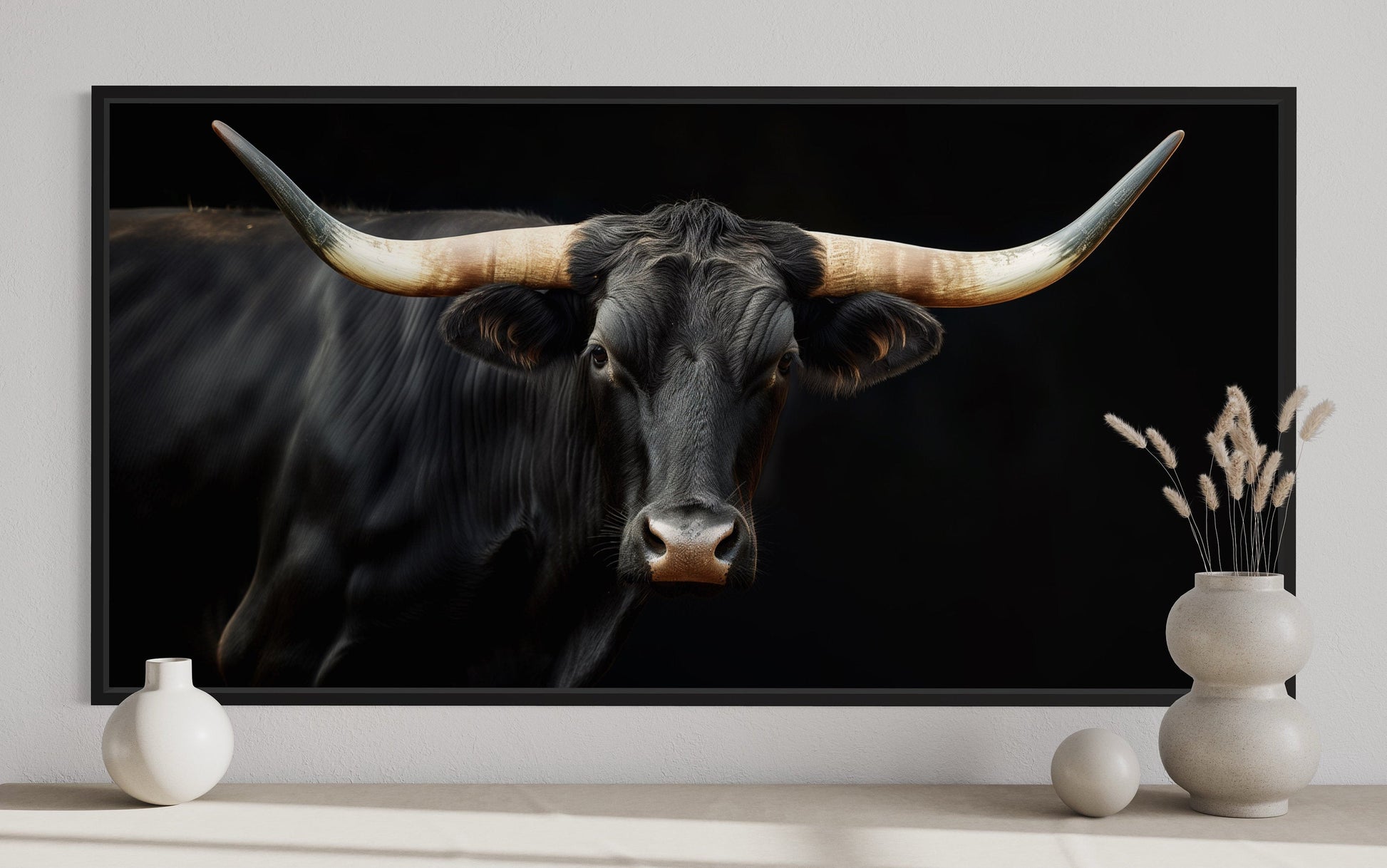 Black Texas Longhorn Wall Art - Extra Large Framed Canvas Print | Rustic Western Decor
